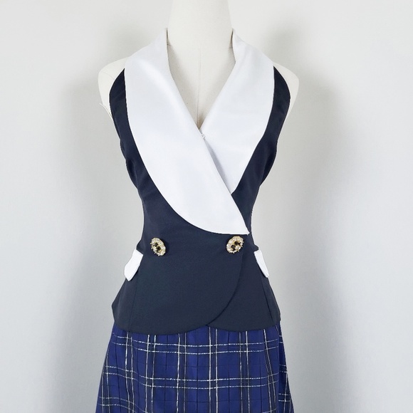 90's Waistcoat Black & White formal double breasted lapel V-neck plunge neckline - Picture 15 of 16